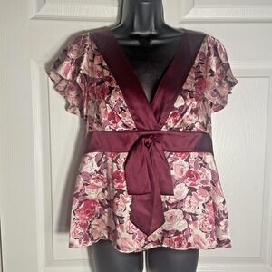 Vintage Banana Republic Blouse Womens Large Pink Burgundy Floral Silk Y2K Blouse
